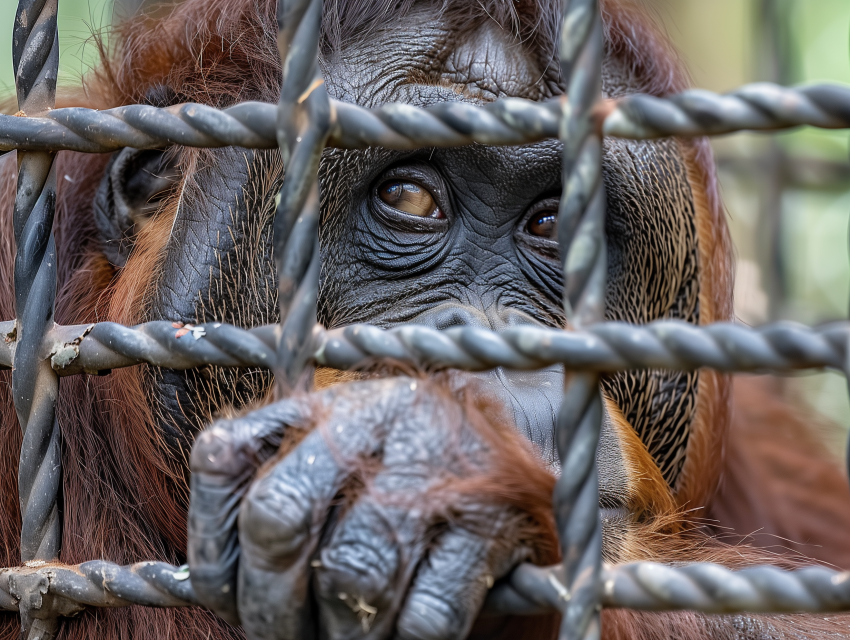 Sad orangutan in a cage