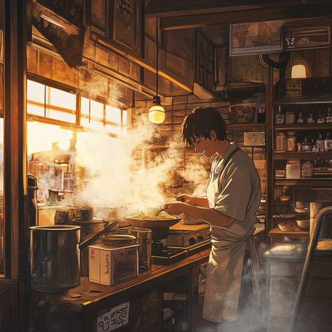 Anime Chef Cooking Noodles in Cozy Kitchen