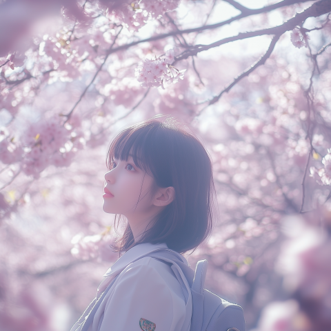 Anime Girl Beneath Blooming Cherry Blossoms