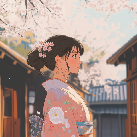 Anime Girl in Kimono Under Cherry Blossoms
