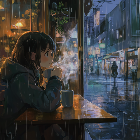 Anime Girl Watching Rain from Café Window