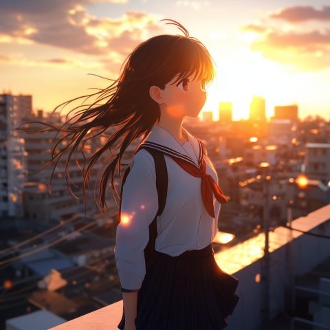 Anime Girl Watching Sunset from Rooftop