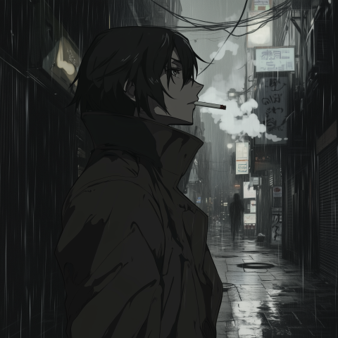 Anime Man Smoking in Rainy Alley
