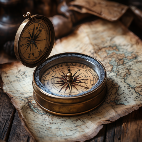 Antique Compass on Vintage World Map