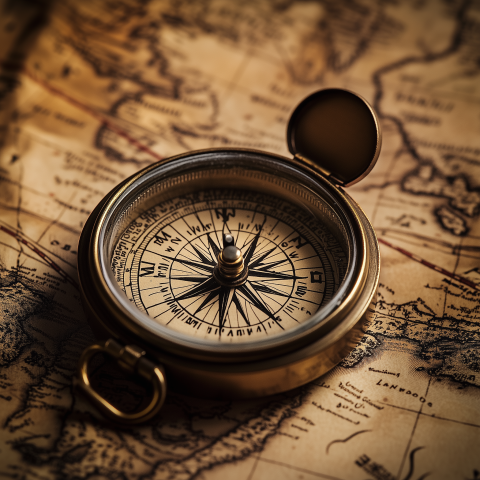 Antique Compass on Vintage World Map