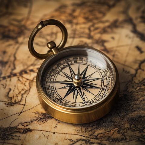 Antique Compass Resting on Vintage Map