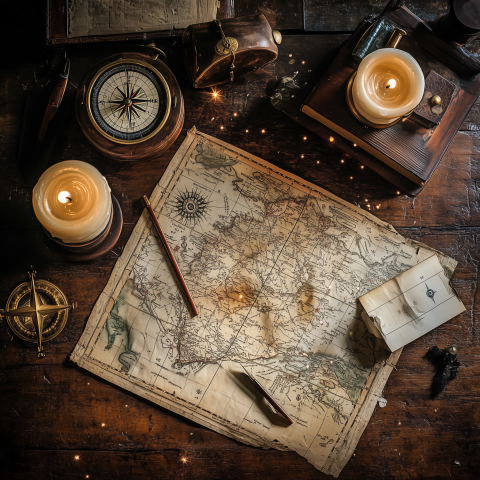 Antique Explorer’s Desk with Candles and Map