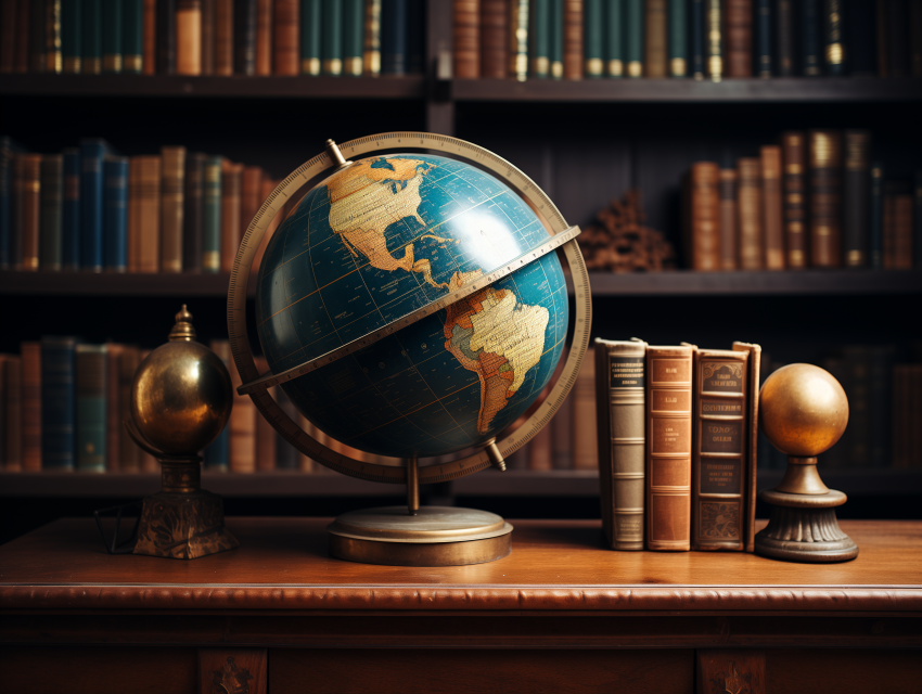 Antique Globe with Books in Library