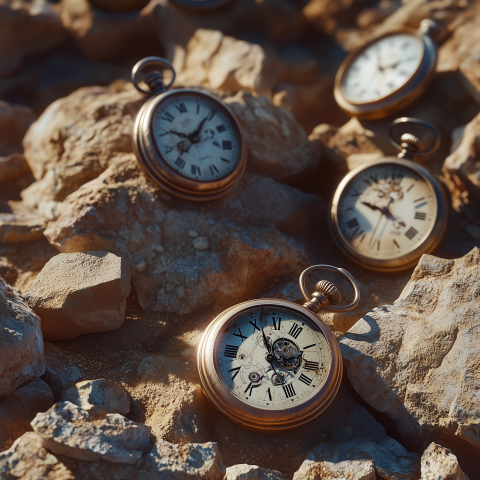 Antique Pocket Watches Among Desert Rocks