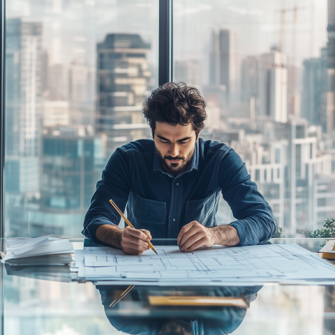 Architect Sketching Blueprints in Modern Office