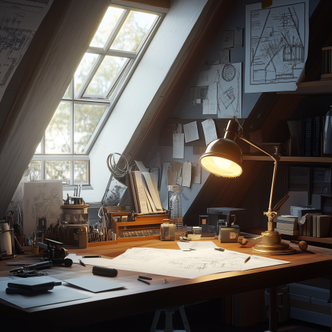 Architect’s Attic Workspace with Blueprints