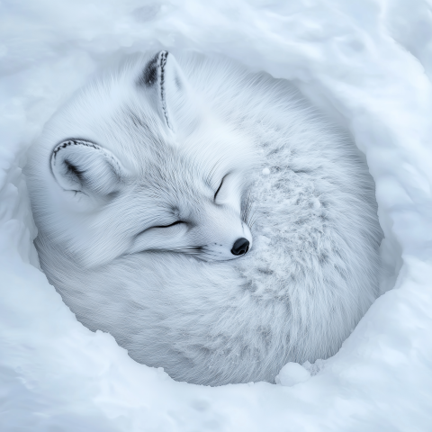 Arctic Fox Sleeping in Snow Den