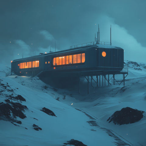 Arctic Research Station in Snowstorm
