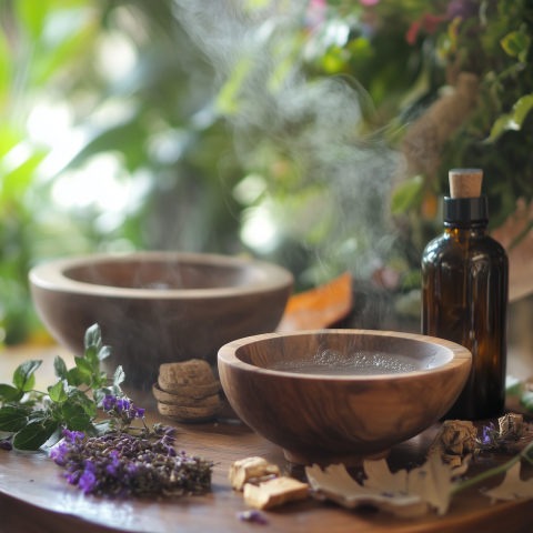 Aromatherapy Setup with Herbal Steam Bowls