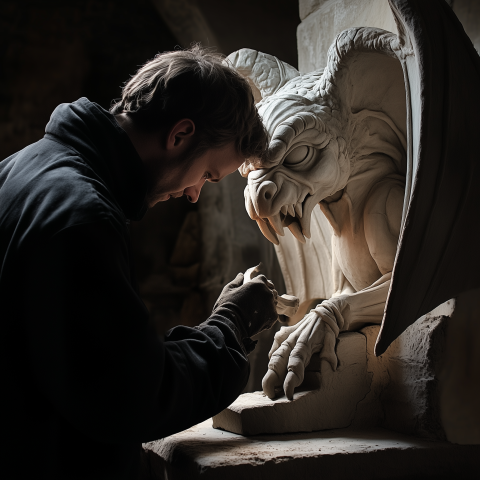 Artist Carving a Gargoyle Sculpture