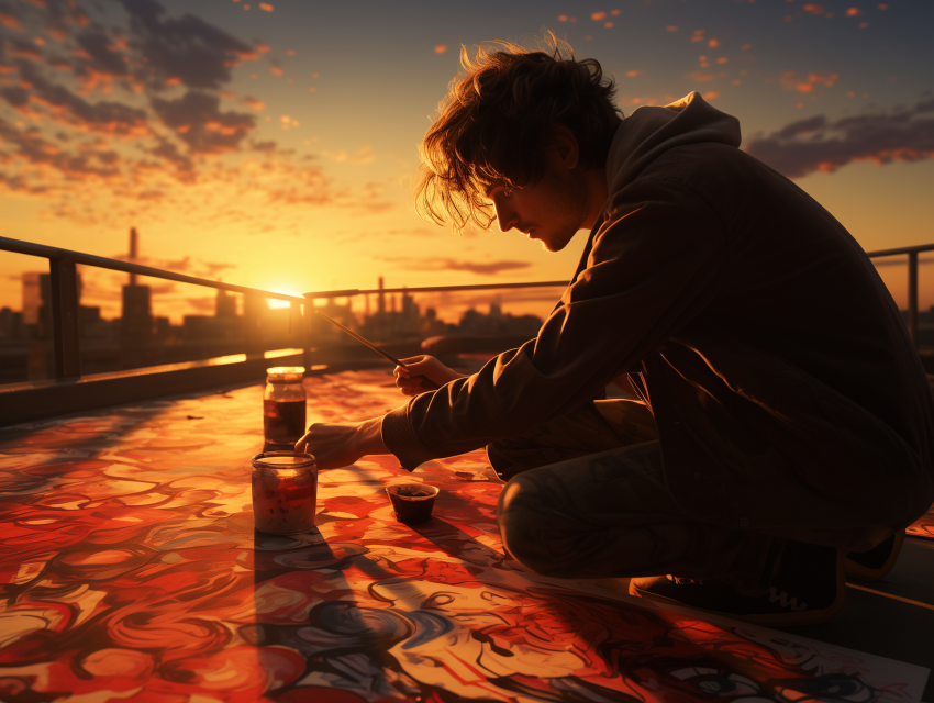 Artist Painting Rooftop Mural at Sunset