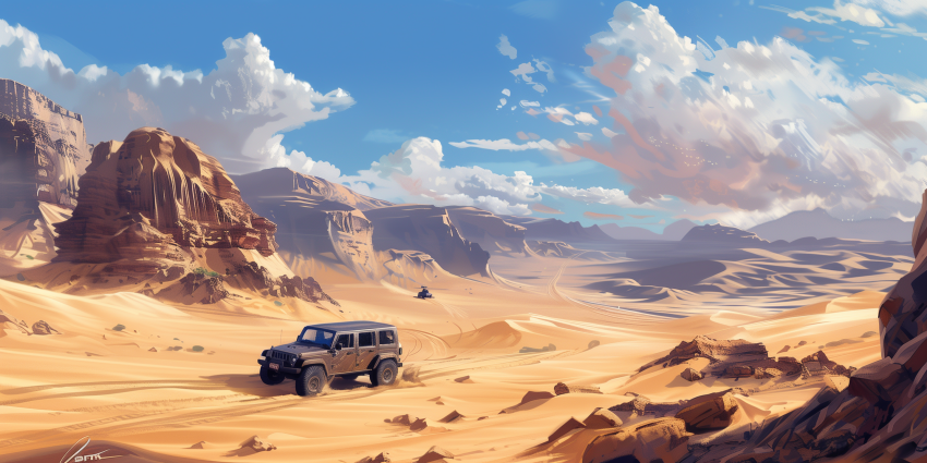 Artistic portrayal of offroad desert adventure