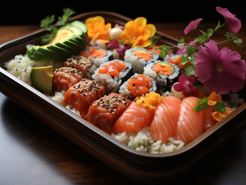 Assorted Sushi Platter with Flowers and Avocado