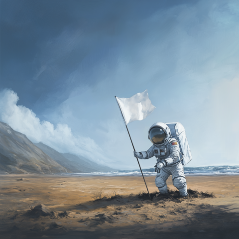 Astronaut Plants Flag on Seaside Terrain