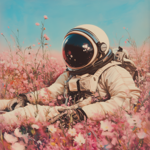 Astronaut Resting in Field of Flowers