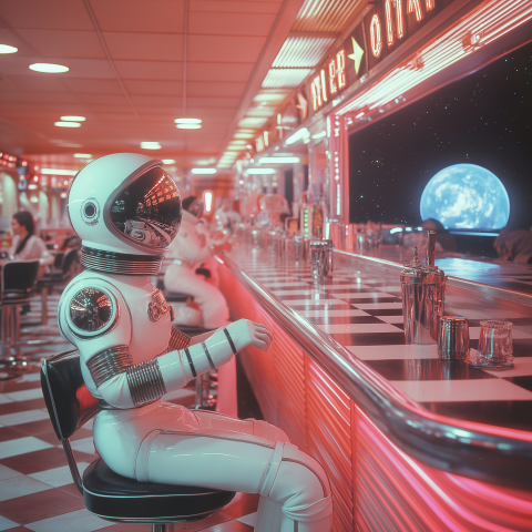 Astronaut Sitting at Retro Space Diner