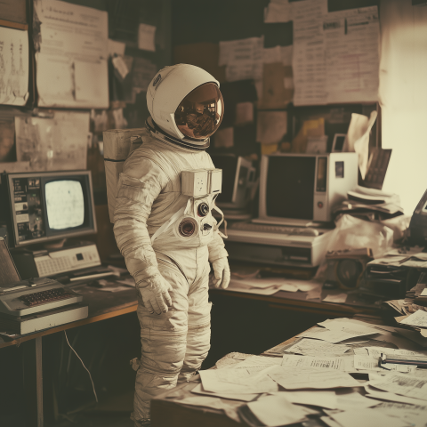 Astronaut Standing in Vintage Office