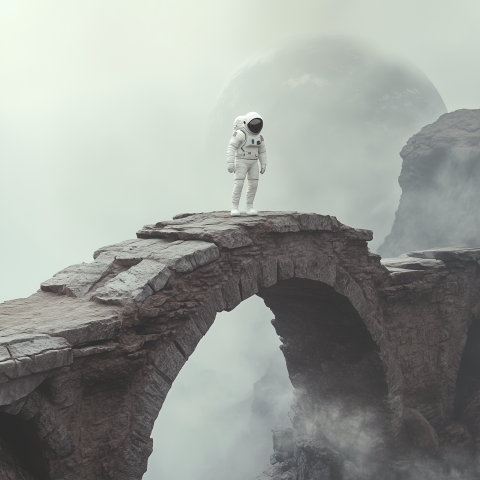 Astronaut Standing on Alien Stone Bridge
