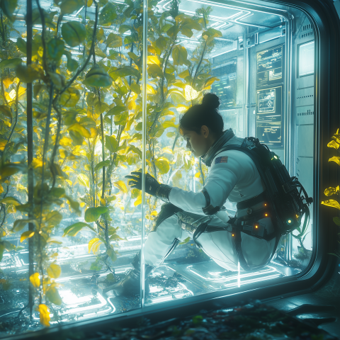 Astronaut Tending Plants in Space Biosphere