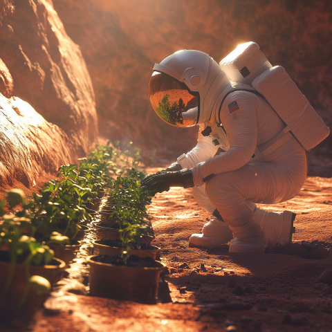 Astronaut Tending Plants on Mars