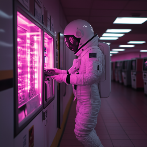 Astronaut Using Vending Machine in Neon Light