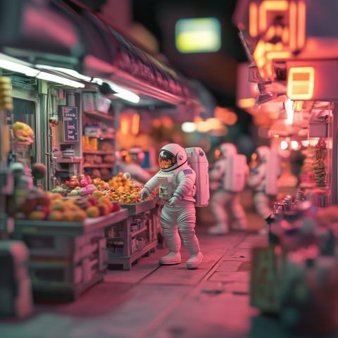 Astronauts Shopping in Futuristic Night Market