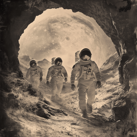 Astronauts Walking on Alien Terrain in Sepia