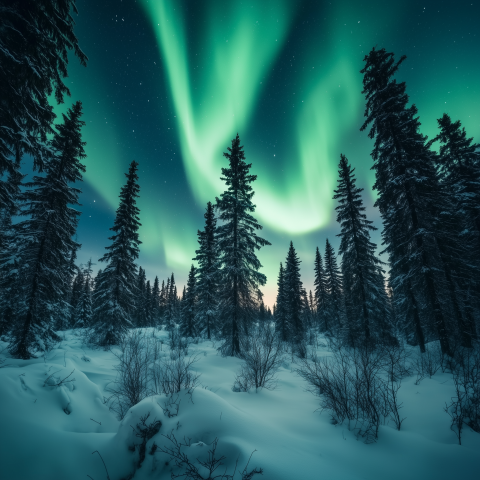 Aurora Borealis Over Snowy Pine Forest