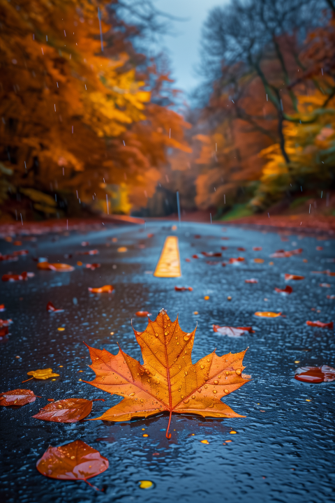 Autumn Leaf on Rainy Forest Road