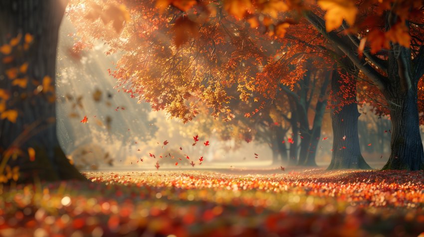 Autumn Leaves Falling in Sunlit Forest