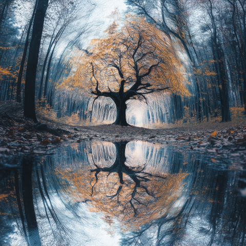 Autumn Tree Reflected in Forest Puddle