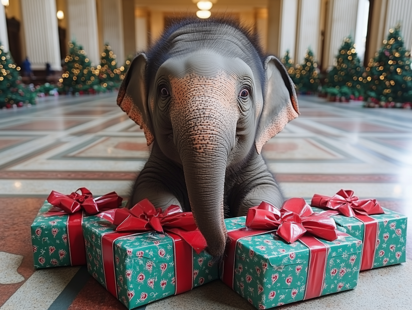 Baby Elephant with Christmas Presents Indoors