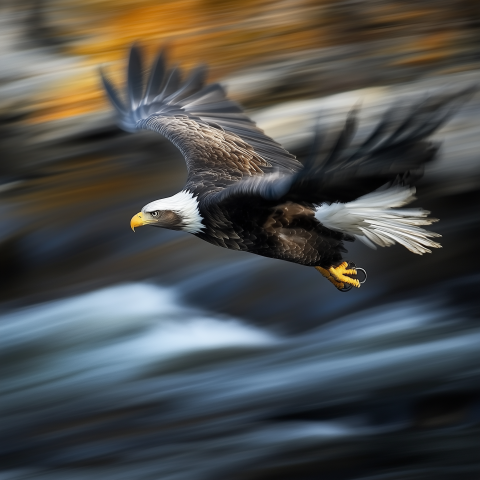 Bald Eagle in Flight Over River