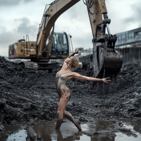Ballerina Dancing in Muddy Construction Site