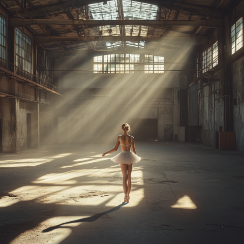 Ballerina in Light-Filled Abandoned Warehouse