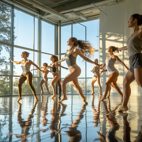 Ballet Dancers Practicing in Sunlit Studio