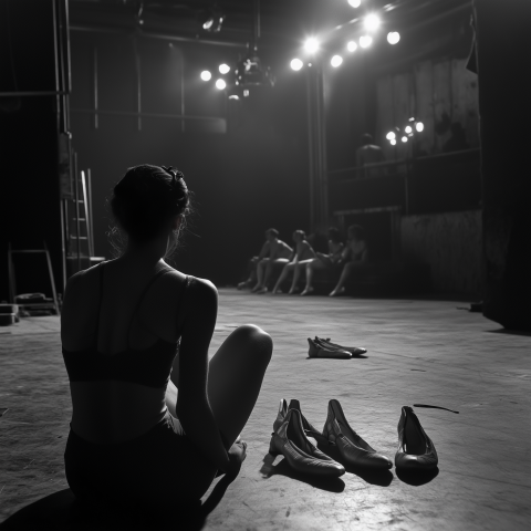 Ballet Dancers Resting Backstage in Theater