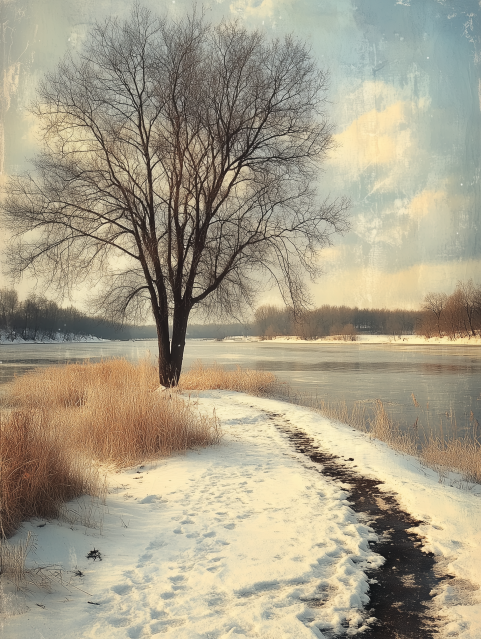 Bare Tree by Snowy Riverbank at Sunset