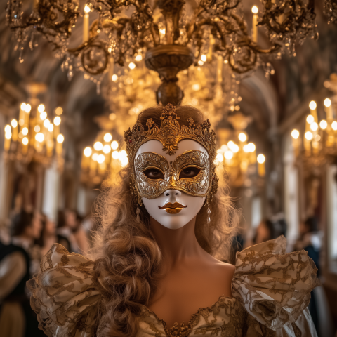 Baroque Masked Lady Under Chandelier Light