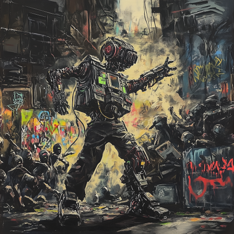 Battle-Ready Robot in Dystopian Alley