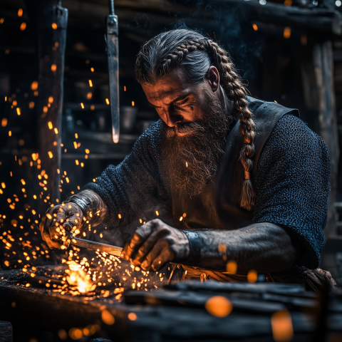 Bearded Blacksmith Forging Metal with Sparks