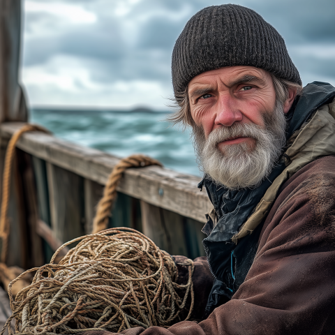 Bearded Fisherman on Windy Sea Deck