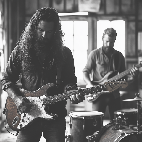 Bearded Guitarist and Bassist in Rustic Studio