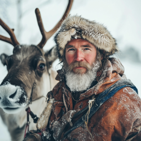 Bearded Man with Reindeer in Snow
