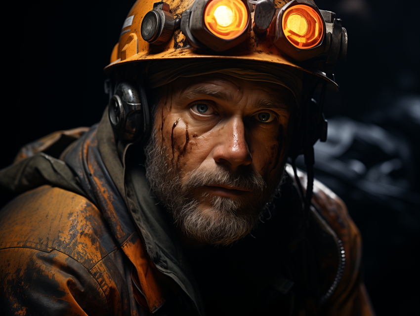 Bearded Miner with Headlamp in Tunnel
